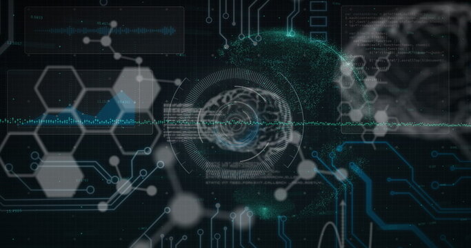 Image of data processing and human brains on black background