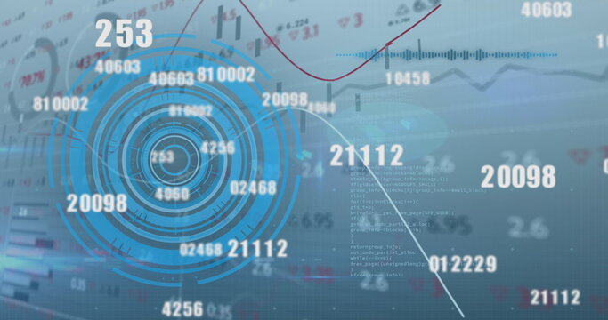 Image of scope scanning, data processing and numbers changing on blue background