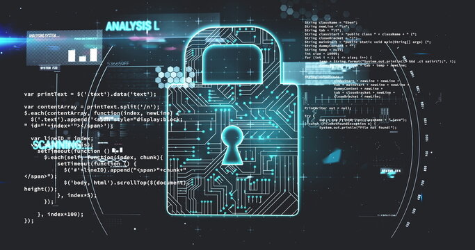 Image of online security padlock over data processing and scope scanning
