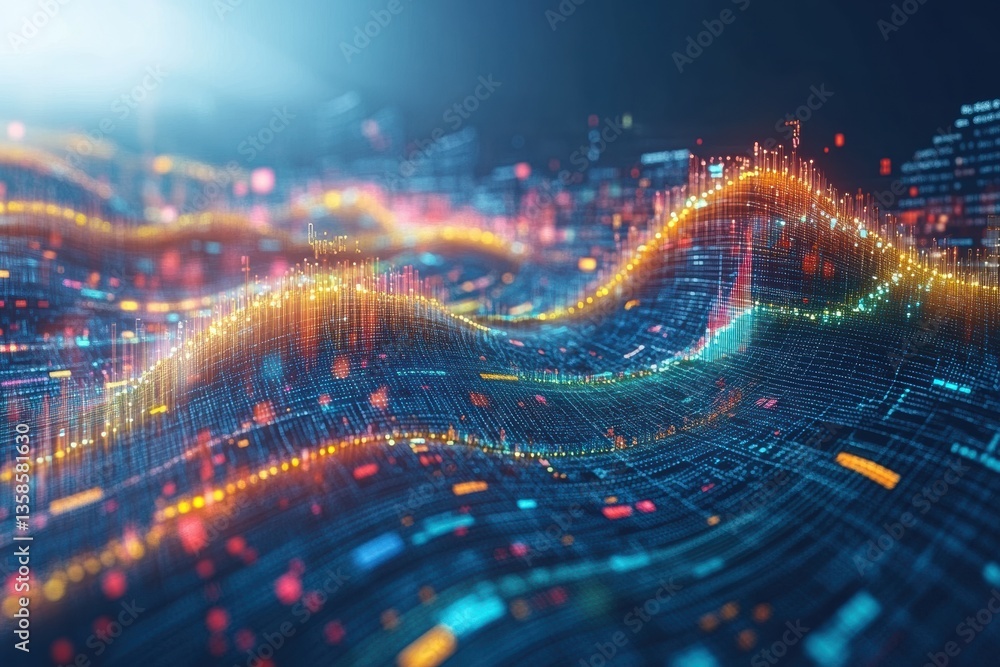 Poster Abstract digital wave patterns represent data flow and technology innovation, showcasing vibrant colors and dynamic shapes.