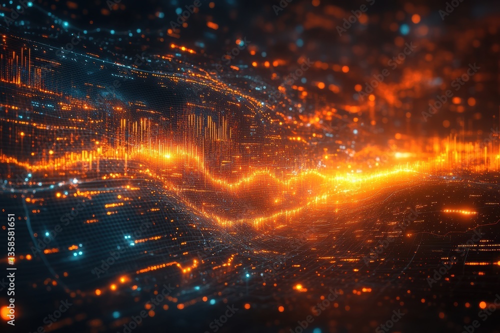 Poster Abstract digital wave with vibrant colors showcasing data transmission and technology concepts, perfect for tech-related projects.