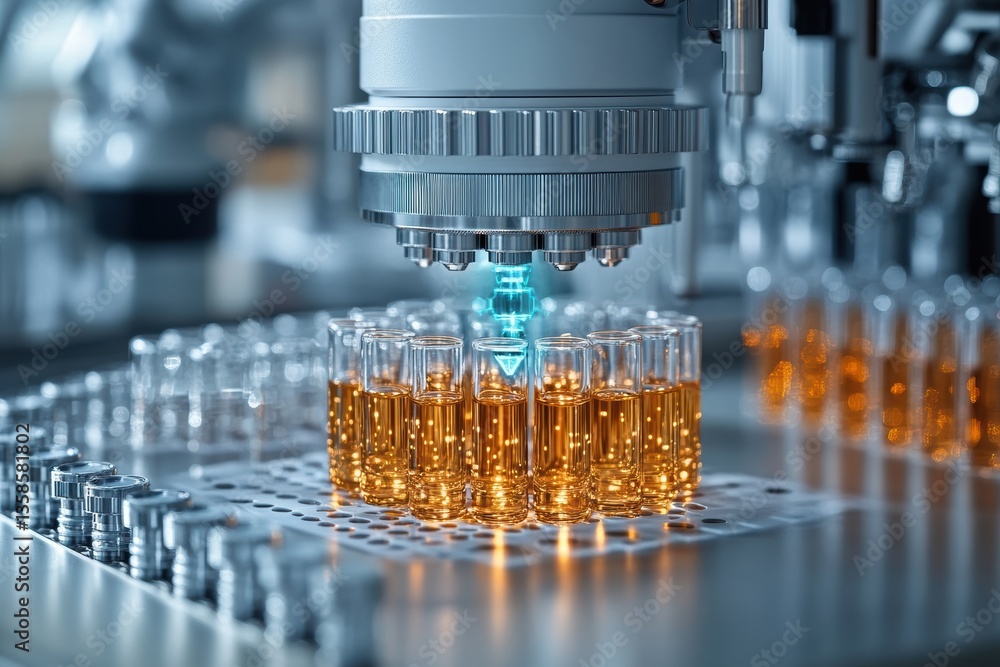 Poster Advanced technology in a laboratory setting, focusing on automated liquid handling and testing of samples in glass vials.