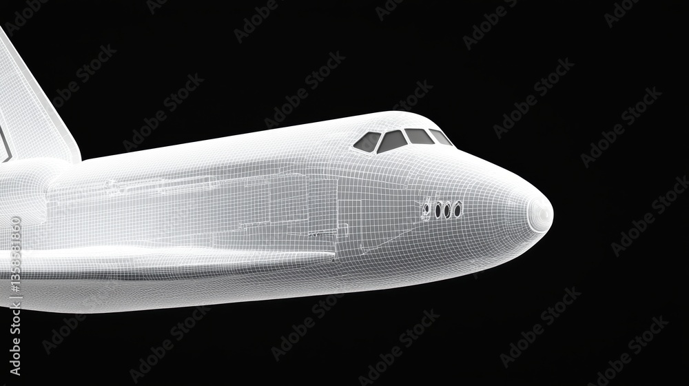 Poster 3d-rendered wireframe visualization of a space shuttle s internal framework, emphasizing futuristic 
