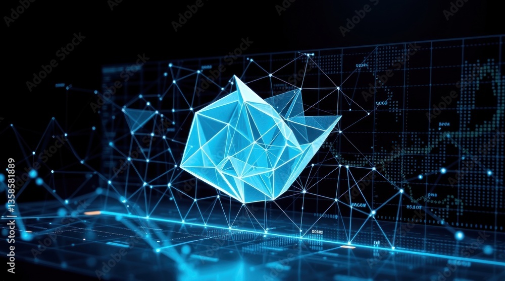 Poster complex blue polygonal shape connected by lines over data screen
