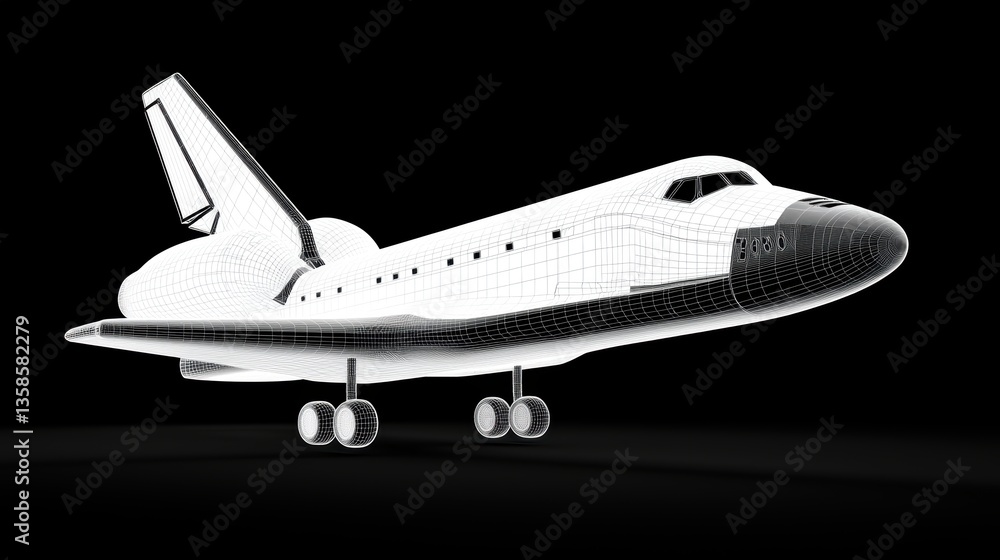 Poster 3d-rendered wireframe visualization of a space shuttle s internal framework, emphasizing futuristic 