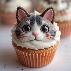Delightful cupcake with an artistic cat face design, featuring creamy frosting and a charming expression, perfect for dessert lovers.