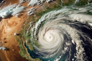 A high-fidelity satellite image reveals a powerful hurricane swirling over a vast ocean and coastal landmass with extremely detailed cloud formations and atmospheric pressure