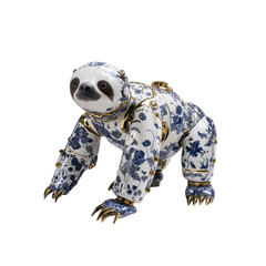 Porcelain Sloth Robot Sculpture in Blue and White Chinoiserie Design