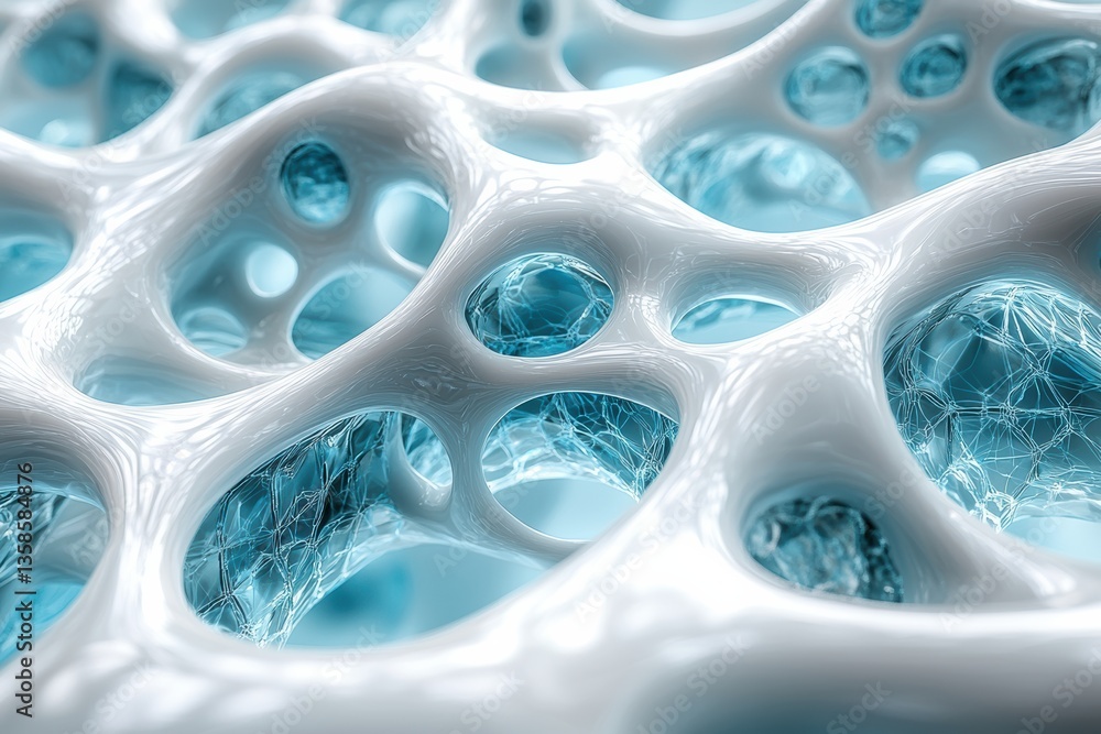 Poster detailed close-up of a cellular structure with blue hues, showcasing intricate patterns and textures