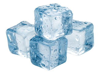 Close up of three ice cubes with condensation.