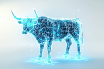 A futuristic wireframe bull illustration with a glowing blue outline on a plain white background.