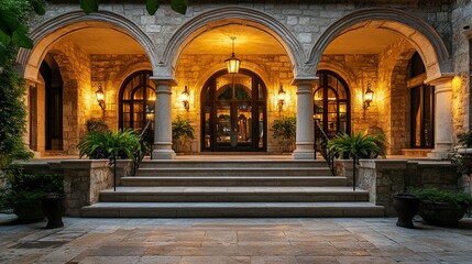 Fototapeta premium A lavish residence with a large porch designed with stately arched openings, beautifully textured stonework, and elegant lighting for a dramatic effect. 