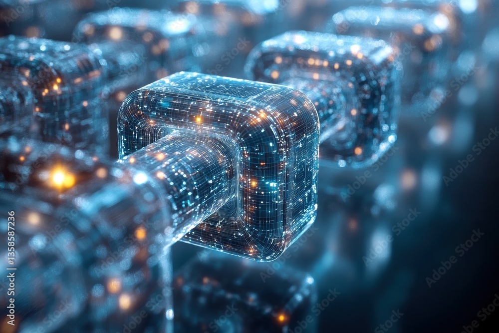 Poster Futuristic blockchain technology concept with glowing digital elements and interconnected cubes, representing innovation and security.