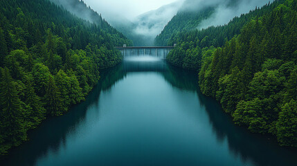 Hydroelectric dam in misty forest valley, renewable energy source blending with nature.