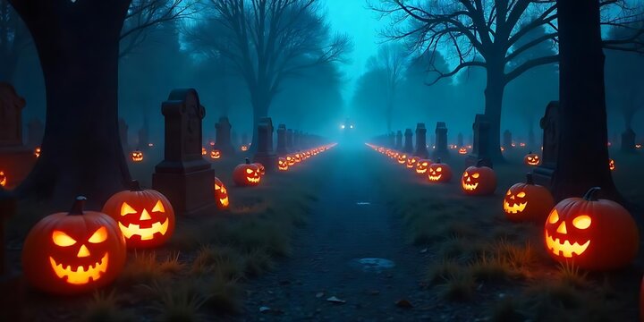 Jack O' Lanterns In Creepy Graveyard In The Spooky Night, Halloween, Pumpkins Backdrop