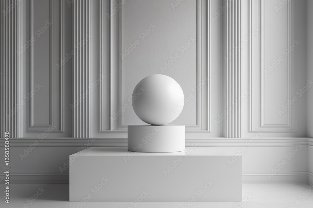 Poster Minimalistic design featuring a white sphere on a pedestal with elegant wall paneling, creating a serene artistic environment.