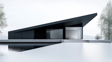A minimalist black 3D modern house with sharp angles and smooth surfaces, perfectly rendered against a white background for a dramatic effect. 