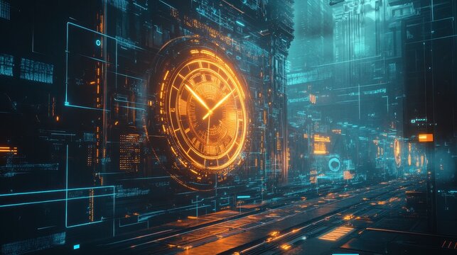 Futuristic Cityscape with Neon Clock  Digital Interface  Time Concept