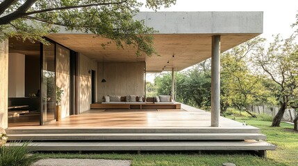 A minimalist house with a simple yet functional porch design, framed by clean lines and a mix of wood and concrete materials. 