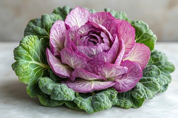Obraz premium Vibrant and fresh red cabbage with lush green leaves, perfect for salads, garnishes, or healthy dishes.