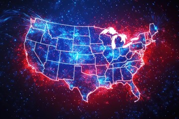 A glowing digital art piece, where fireworks form a stylized USA map in bright patriotic colors.