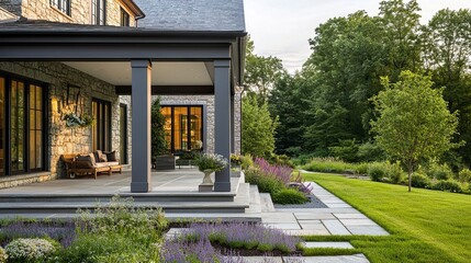 Obraz premium A modern architectural house with a spacious front porch framed by stone columns, complementing its clean, geometric design 
