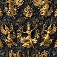 Celestial dancers bas-relief art thai culture seamless pattern ornate design