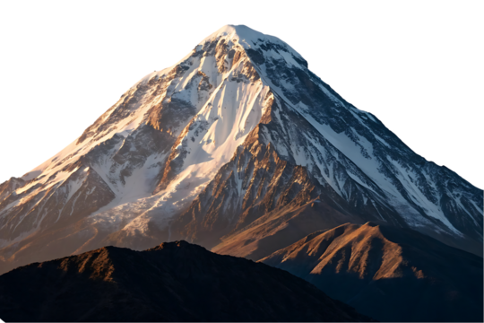 Majestic snow capped mountain peak at sunrise.