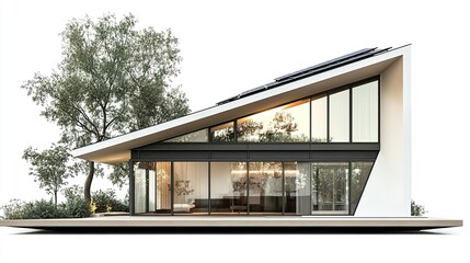 Fototapeta premium A modern eco-friendly house with large windows and solar panels seamlessly integrated into the roof design, sharply isolated on a white background. 