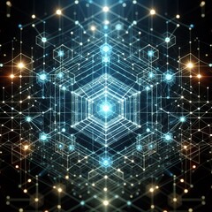 Obraz premium An intricate lattice of glowing lines and hexagonal nodes symbol