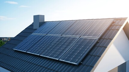 Fototapeta premium Solar Panels on a House Roof: Sustainable Energy Solution