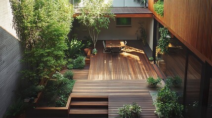A modern Melbourne home with an updated extension, showcasing a stylish wooden deck, an open patio, and a vibrant courtyard area designed for relaxation. 