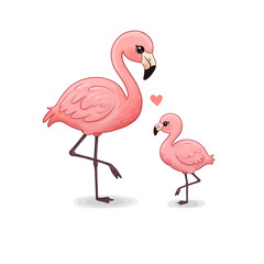 Obraz premium Cute Flamingo Mother and Baby, Pink Bird Family, Love and Affection Illustration
