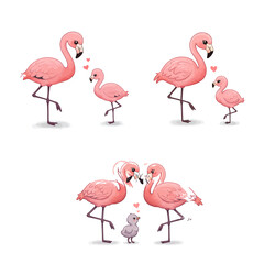 Obraz premium Cute Flamingo Mother and Baby, Pink Bird Family, Love and Affection Illustration