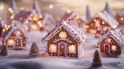 A picturesque holiday setup with gingerbread houses, their snow-dusted roofs and candy decorations glowing warmly in the soft light of Christmas decor. 