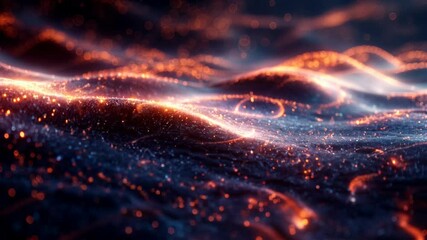 Dynamic glowing waves with sparkling particle movement in dark abstract environment