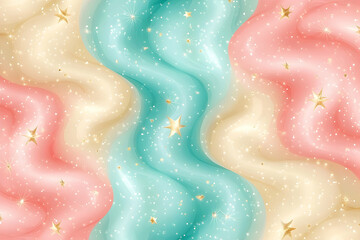 Fototapeta premium Abstract wavy background with pastel colors and golden stars, ideal for creative designs and wallpapers