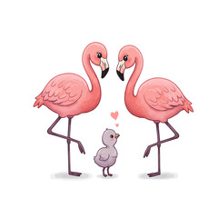 Cute Flamingo Mother and Baby, Pink Bird Family, Love and Affection Illustration