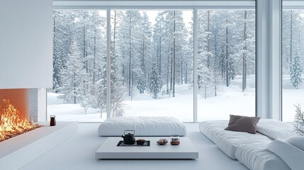 A serene living room in a cottage with a white color palette, featuring a crackling fireplace, a simple tea setup, and snowy forest views through expansive glass panes. 