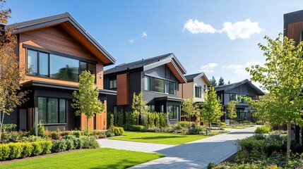A serene suburban street with stylish modern houses, each surrounded by vibrant green lawns and shrubs, creating a welcoming neighborhood vibe under sunny skies.  