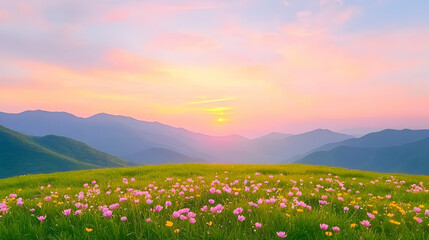 Fototapeta premium Panoramic Viewpoint of Spring Landscape with Dramatic Skies at Sunset