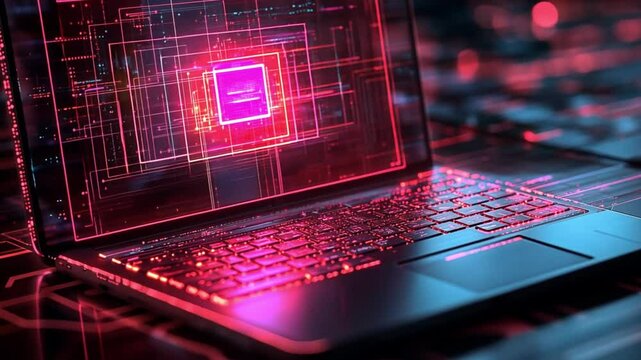 Neon Glow: Cyberpunk Laptop Displaying Futuristic Digital Circuitry
