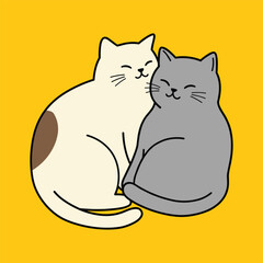 An illustration of two cats, one white and one grey, cuddling together on a bright yellow background. The cats have content expressions, and the image has a minimalist, cute style
