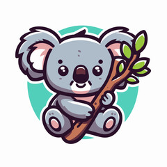 코알라의 화려한 카툰 플랫 로고 일러스트레이션, 프리미엄 벡터 클립아트 형식으로 흰색 배경에, colourful cartoon flat logo illustration 엠블럼 스타일로 제작됨.