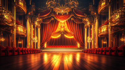 Obraz premium Luxurious Theater Stage With Red Curtains Gold Decorations and Warm Lighting Creating an Opulent Atmosphere