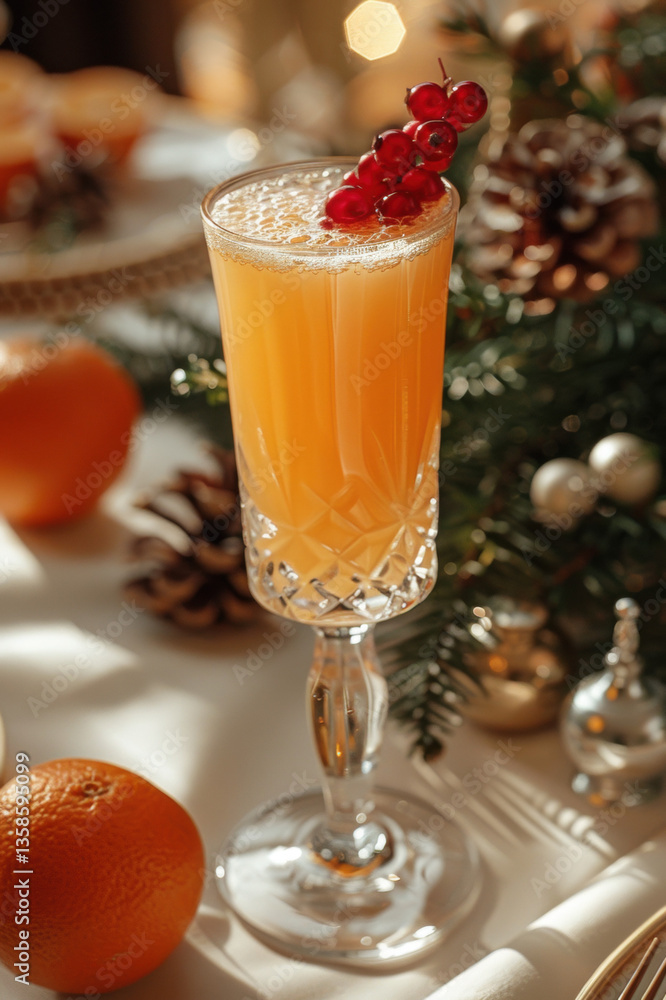 Poster a simple and clear sentence for naming the image could be: orange juice in a glass with assorted fru