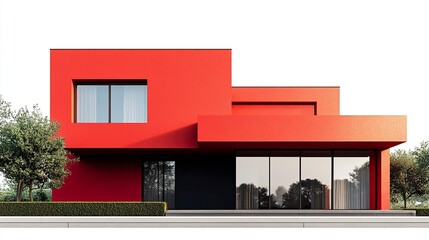 A sleek modern house with a vibrant red facade, clean geometric lines, and large windows, isolated on a crisp white background for a bold presentation. 