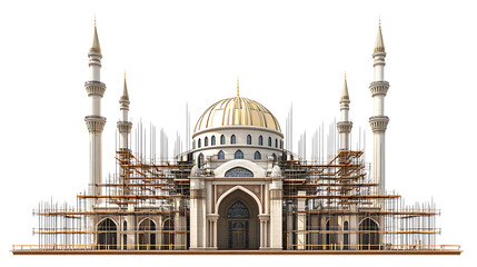 Obraz premium Majestic Mosque Under Construction Featuring Scaffolding and Minarets with White and Gold Details on White Isolated Background