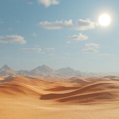 Naklejka premium Vast desert landscape with rolling sand dunes under a bright sun and blue sky.