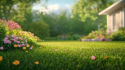 Green Garden with Blossoming Flowers and Modern Home Background
